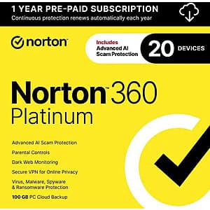 Norton 360 Platinum 2026 antivirus software box or product interface showing multi-device protection for up to 20 devices.