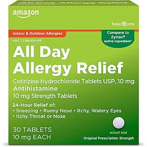 30-Count Amazon Basic Care All Day Allergy Cetirizine Hydrochloride Tablets (10 mg) $1.90 w/ Subscribe & Save