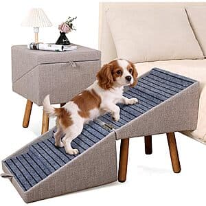 Light brown foldable pet stairs with ramp design, available in XL and XXL sizes for helping dogs access high beds and furniture.