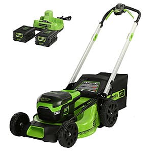 Cordless lawn mower with 21-inch stamped steel deck, push-button start control, and LED headlights mounted on front.
