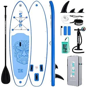 FunWater 10'6" light blue inflatable stand up paddle board with attached paddle and pump in packaging.