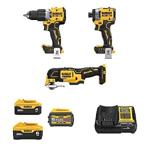 DEWALT 20V cordless drill, impact driver, and oscillating multi-tool kit with batteries and charger included.