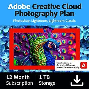 Adobe Creative Cloud Photography subscription logo with Photoshop and Lightroom application icons on a digital interface background.