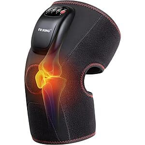 FIT KING Air Compression Knee Massager showing the white and gray compression sleeve with control unit and remote, designed to wrap around the knee for therapeutic massage.