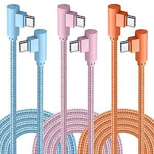 3-Pk 10' APFEN 60W USB-C to USB-C Nylon Braided 90-Degree Fast Charging Cable $3.50