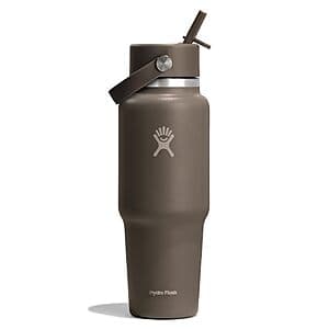 Sandpiper-colored Hydro Flask 32 oz wide mouth water bottle with Flex Straw Cap attachment, insulated design for temperature retention.