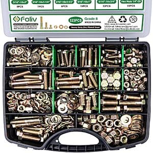 Foliv 523-piece assortment kit of Grade 8 bolts, nuts, and washers in various sizes displayed in organized compartments.