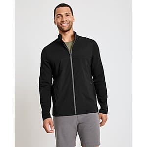 Black mixed media jacket for men displayed in a flat lay or on-model view, showing the structured design and fabric blend.