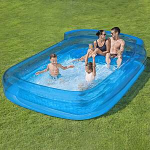 H2Ogo branded inflatable pool in blue and white, deflated or partially inflated state shown with product packaging.
