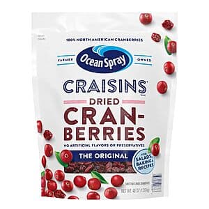 3lb bag of Ocean Spray dried cranberries with red packaging and product branding.