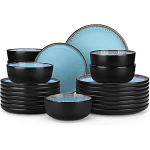 vancasso AMBER light blue stoneware dinnerware set with 24 pieces including plates and bowls for service of 8.