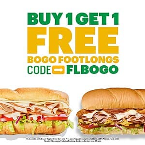 Select Subway Restaurants: Buy One Footlong Sub, Get One Footlong Sub Free (Online/App Orders, thru 5/13/24)