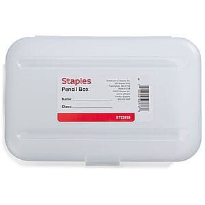 Clear plastic snap-closure case, rectangular with dimensions 2 1/4" x 5 5/8" x 8 1/4", suitable for organizing school and office supplies.