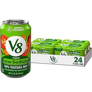 24-pack of V8 Low Sodium Original 100% Vegetable Juice Blend in 11.5oz red and white cans.