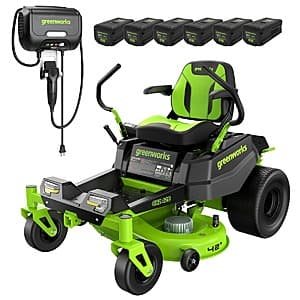 Greenworks 80V 42" CrossoverZ zero-turn lawn mower shown with six 6.0Ah batteries and 600W wall charger.