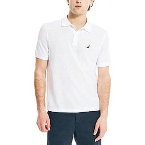 Nautica men's short sleeve solid deck polo shirt in Sail Cream colour, laid flat or on model to show fit and fabric.