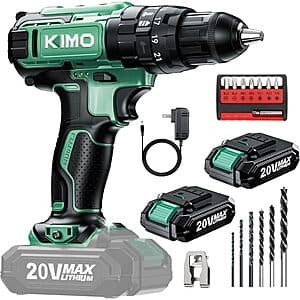 KIMO Cordless Hammer Drill Set w/ 2x 20V 2.0Ah Battery Packs $24