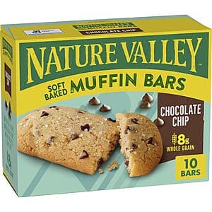 Box of Nature Valley Soft Baked Muffin Bars with chocolate chip flavor, 10 bars per box, 12.4 oz package.
