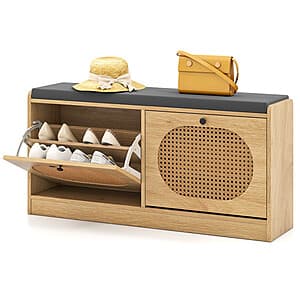 40" Costway Entryway Rattan Shoe Storage Bench with Cushion (Natural) $69 + Free Shipping