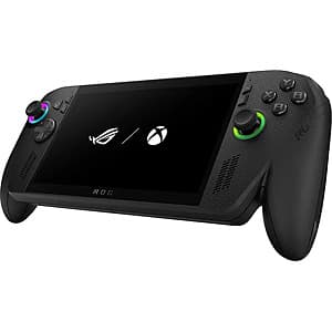 ASUS ROG Ally X handheld gaming console with 10.9-inch OLED display, white and black design, shown from front angle.