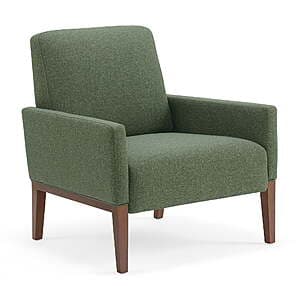 Better Homes & Gardens push-back recliner chair upholstered in olive fabric with dark wood square-profile legs.