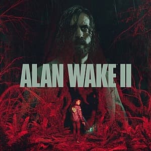 Alan Wake 2 video game cover art for PC platforms, featuring dark atmospheric imagery.