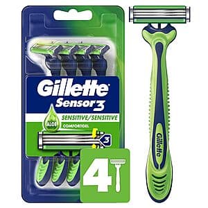 Gillette Sensor3 Sensitive Men's Disposable Razor 4-count package with blue and white branding on the retail box.