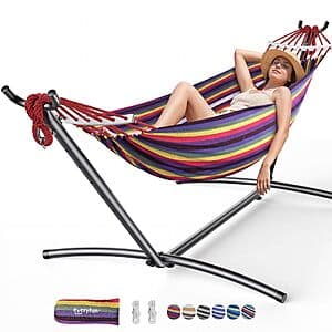 Double hammock with powder-coated steel stand and woven cotton bed measuring 78 by 59 inches, designed to support two adults.