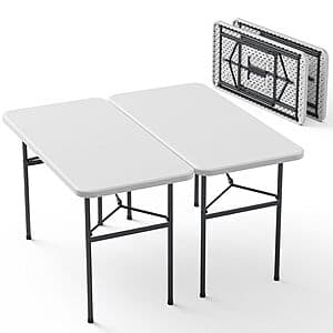Two white plastic folding tables with steel legs, each 4 feet long, shown side by side.