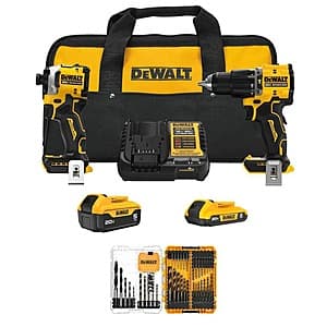 DEWALT ATOMIC 20V Hammer Drill + Driver w/ 2x Batteries, Charger, Bit Set & Bag $215 + Free S&H
