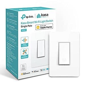 Kasa KS200 white smart Wi-Fi light switch with Apple HomeKit compatibility, single-gang form factor.