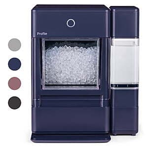 GE Profile Opal nugget ice maker with white exterior and side water tank attachment on countertop.