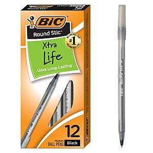 12-Ct BIC Round Stic Xtra Life Ballpoint Pens (Black, Medium Point 1.0mm) $1.20