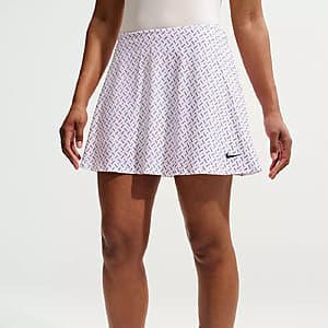 White and black Nike Women's Victory Dri-FIT Flouncy Tennis Skort with moisture-wicking fabric, displayed against a neutral background.