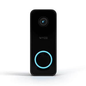 Black wired Wyze IP65 video doorbell with wide-angle lens, mounted on a white background.