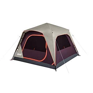 Coleman Skylodge Instant Tent in blackberry color with rainfly attached, displaying the easy setup poles and carry bag.