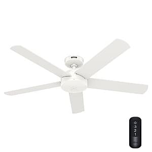 Refurbished Hunter 52-inch outdoor ceiling fan with Fresh White finish and remote control, ceiling mounted.