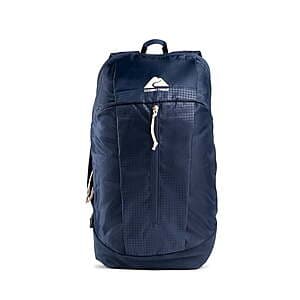 Ozark Trail 10L polyester daypack backpack in navy blue with padded straps, front accessory pocket, and top carry handle.