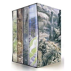 Hardcover box set containing The Hobbit and The Lord of the Rings trilogy with Alan Lee's detailed illustrations on the covers and throughout.