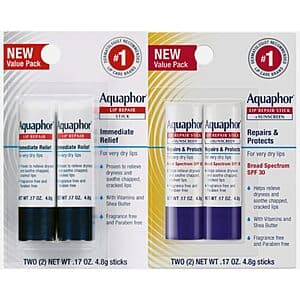 4-Count 0.17-Oz Aquaphor Lip Balm Set (2x Lip Repair & 2x Sunscreen Lip Repair) $8.80 w/ Subscribe & Save