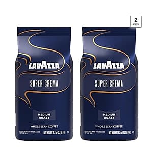 Two 2.2 lb bags of Lavazza Super Crema whole bean coffee with brown and gold packaging.