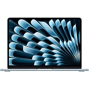 Apple MacBook Air 13.6-inch laptop with 8-core GPU in Sky Blue or Midnight color option, shown with 70W power adapter.