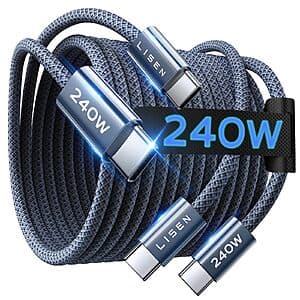 2-Pk 6.6' LISEN 240W USB-C to USB-C Charge Cable $5.60
