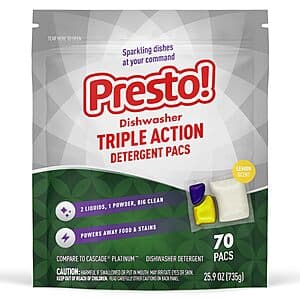 Prime Members: 70-Ct Presto! Triple Action Dishwasher Pacs (Lemon) $8.55 w/ S&S + Free S&H