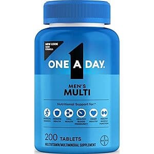 One-A-Day Men's Complete Multivitamin Supplement bottle containing 200 tablets in packaging.