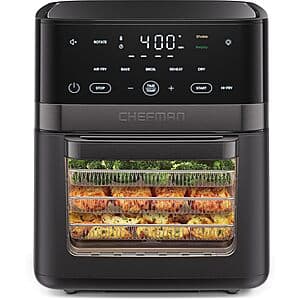Black Chefman 6-in-1 air fryer with 14-quart capacity, touchscreen controls, and windowed door for food visibility.