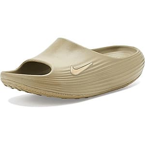 Khaki-colored Nike ReactX Rejuven8 recovery slides with soft foam cushioning and rubber outsole for men.