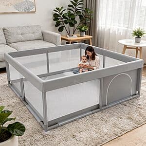 Light grey 50x50 inch baby playpen with soft fabric, breathable mesh sides, and sturdy safety fence design for indoor or outdoor use.