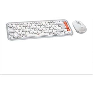 Logitech POP ICON Combo featuring off-white and orange Bluetooth keyboard and mouse positioned together.