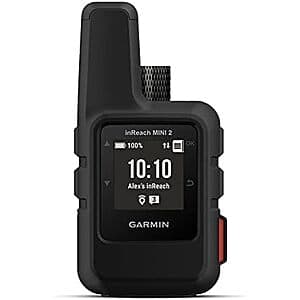 Garmin inReach Mini 2 compact satellite communicator shown in black and orange color options with antenna extended.